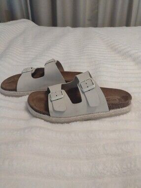 Bio Green Sandals Women 8 Ivory Genuine Leather Double Strap Buckle Slide Raffia